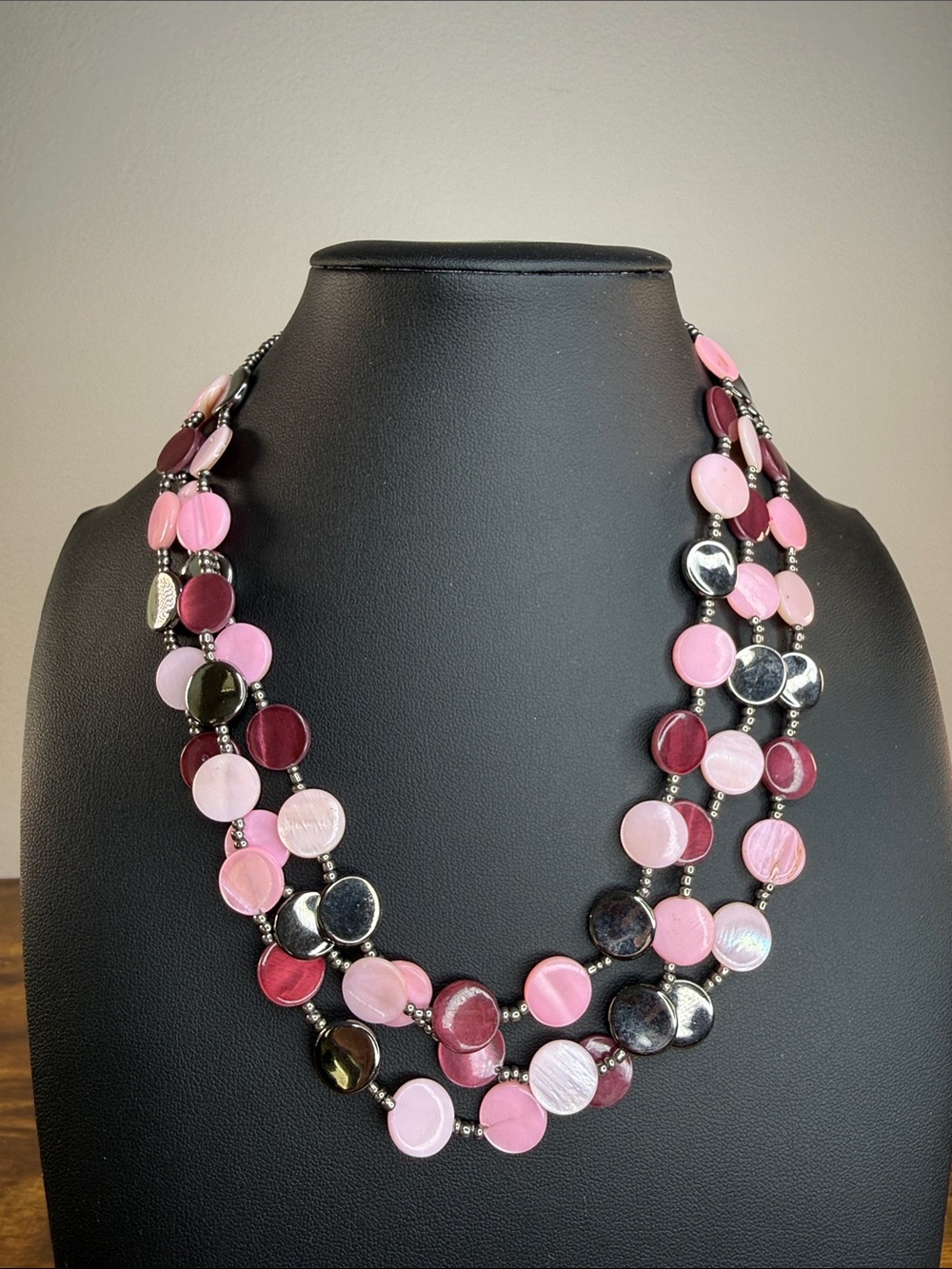 Multi-Strand Pink Shell Disc Necklace